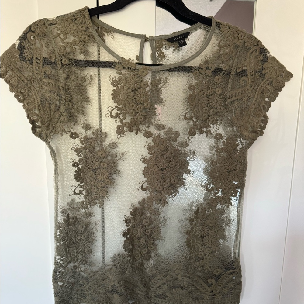Guess Olive Green Embroidery Sheer Blouse